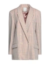 Sandro Danube Double-breasted Checked Blazer In Beige Wool In Pink