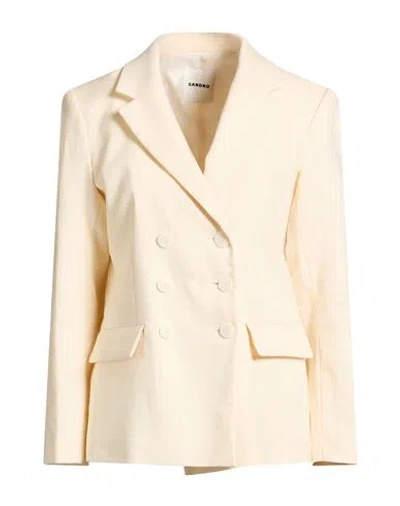 Sandro Woman Blazer Cream Size 10 Linen, Cotton, Elastane In Neutral