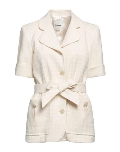 Sandro Woman Blazer Ivory Size 8 Cotton, Viscose, Acrylic, Polyamide In Blue