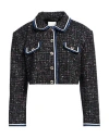 Sandro Woman Jacket Black Size 6 Cotton, Viscose, Acrylic, Polyamide, Metallic Fiber In Black/blanc/blue