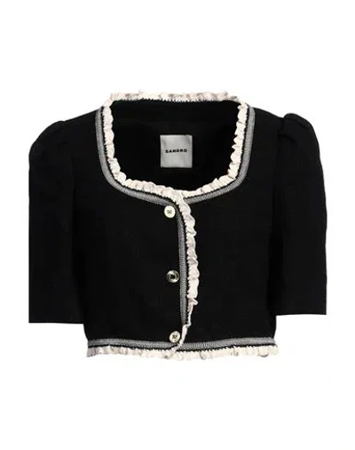 Sandro Ruffle-trimmed Cropped Tweed Jacket In Black