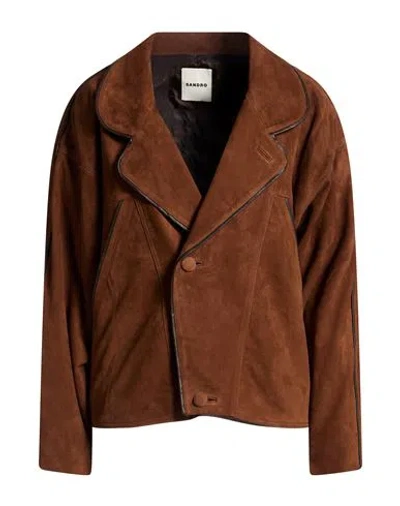Sandro Woman Jacket Brown Size 2 Goat Skin, Lambskin
