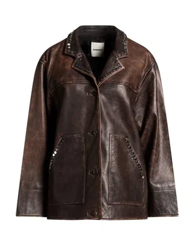 Sandro Woman Jacket Dark Brown Size 2 Lambskin