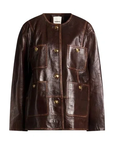 Sandro Woman Jacket Dark Brown Size 2 Lambskin