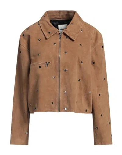 Sandro Woman Jacket Light Brown Size 10 Goat Skin In Beige