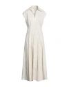 Sandro Woman Midi Dress Off White Size 8 Linen, Cotton, Viscose In Neutral