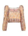 Sandro Print Blouson Linen Blend Top In Beige