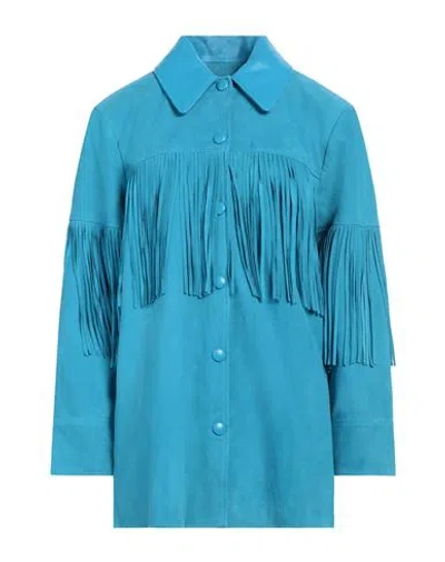 Sandro Woman Shirt Turquoise Size 10 Goat Skin, Lambskin In Blue