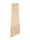 SANDRO WOMEN'S ASYMMETRICAL FRINGED MIDI DRESS