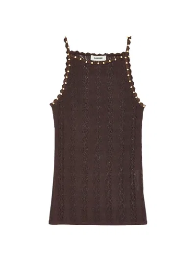 Sandro Louisa Beaded Pointelle Knit Camisole In Navy Blue