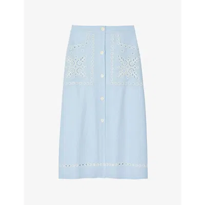 Sandro Womens Bleus Broderie-anglaise High-rise Linen-blend Midi Skirt