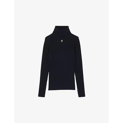 Sandro Womens Bleus Eline Logo-plaque Knitted Jumper In Bleus