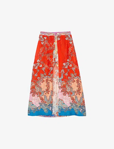 Sandro Womens Bleus Floral-print Two-layer Woven Maxi Skirt