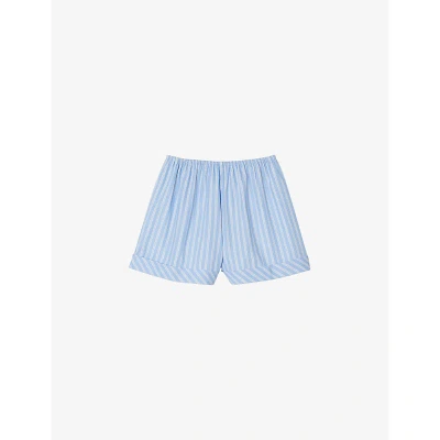 Sandro Womens Bleus Frilled-waistband Striped Cotton Shorts