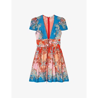 Sandro Womens Bleus Graphic-print V-neck Woven Mini Dress