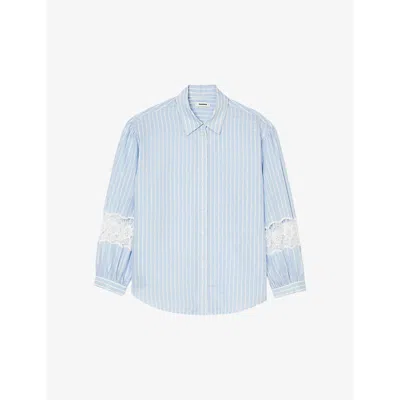 Sandro Womens Bleus Lace-trim Striped Linen-blend Shirt