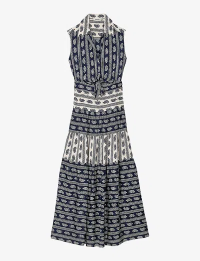 Sandro Womens Bleus Paisley-print Cut-out Woven Maxi Dress