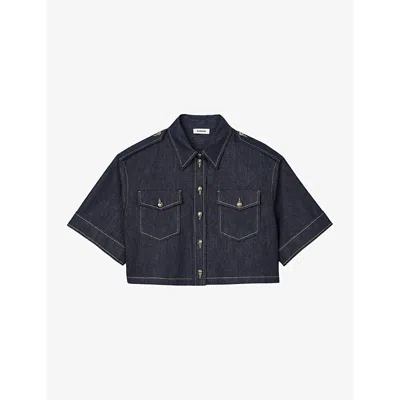 Sandro Cropped Denim Shirt In Bleus