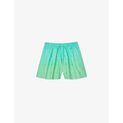 Sandro Womens Bleus Rhinestone-embellished Elasticated-waist Cotton Shorts In Blue / Green