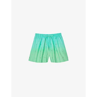 Sandro Womens Bleus Rhinestone-embellished Elasticated-waist Cotton Shorts In Blue Green