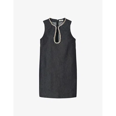 Sandro Crystal-embellished Denim Mini Dress In Bleus