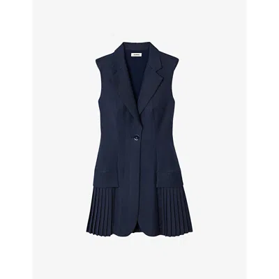 Sandro Womens Bleus V-neck Sleeveless Pleated Stretch-woven Playsuit