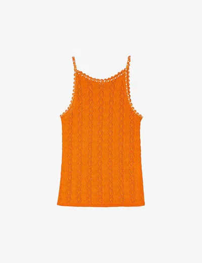 SANDRO SANDRO WOMENS JAUNES / ORANGES BEAD-EMBELLISHED POINTELLE-STITCH KNITTED TOP
