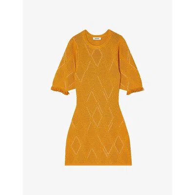 Sandro Womens Jaunes / Oranges Round-neck Diamond-pattern Knitted Mini Dress
