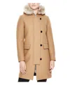 Sandro Camel Kurt Wool Coat Fur Trim Hood In Multi