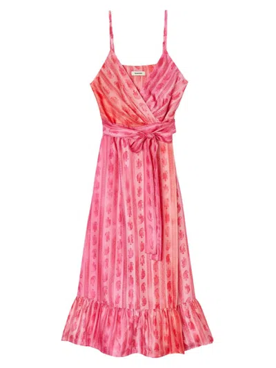 Sandro Womens Roses Paisley-print Tie-waist Woven Midi Dress In Pink Red