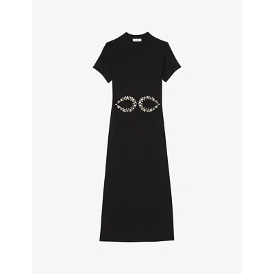 Sandro Women's Noir / Gris Crystal-embellished Cut-out Stretch-cotton Midi Dress