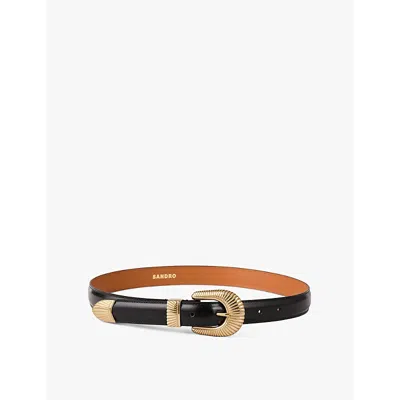 SANDRO WOMENS NOIR / GRIS EVE METAL-HARDWARE LEATHER BELT