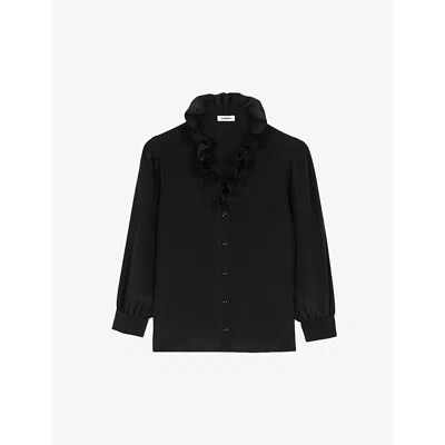 SANDRO WOMENS NOIR / GRIS RUFFLE-NECK LONG-SLEEVE SILK SHIRT