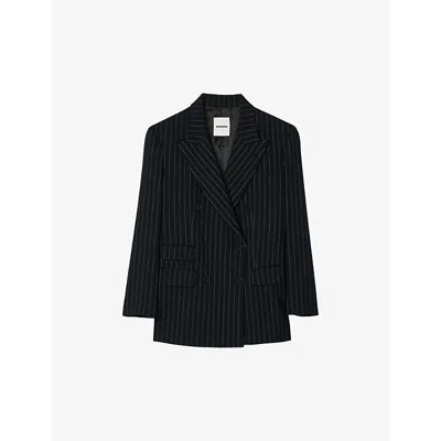 SANDRO WOMENS NOIR / GRIS STRIPE DOUBLE-BREASTED WOVEN BLAZER