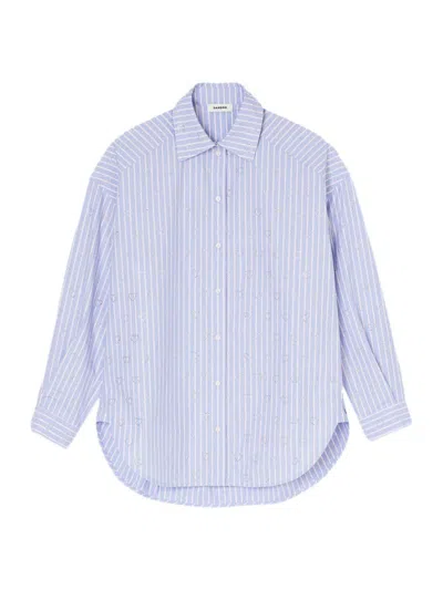 Sandro Valentine Stripe Rhinestone Heart Cotton Button-up Shirt In Sky Blue