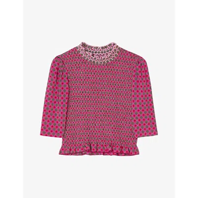Sandro Womens Roses Mosaic-print Smocked Stretch-woven T-shirt In Pink