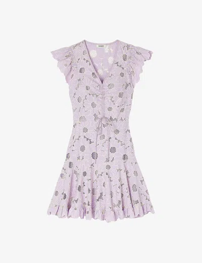Sandro Womens Violets Floral-lace Ruffle-trim Woven Mini Dress