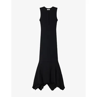 Sandro Womens Asymmetric Pointelle Knitted Maxi Dress Black
