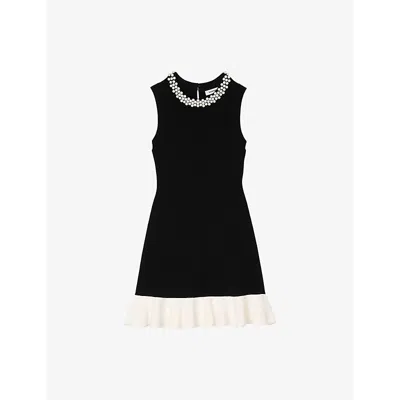Sandro Knitted Embellished-neck Mini Dress In Noir / Gris