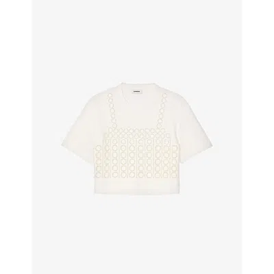 Sandro Womens Beaded Cropped Cotton T-shirt Naturels