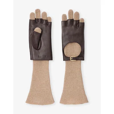 Sandro Womens Beige Logo-embossed Long Knitted And Leather Gloves In Black