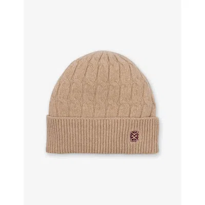 SANDRO WOMENS BEIGE LOGO-EMBROIDERED CABLE-KNIT WOOL AND CASHMERE-BLEND BEANIE HAT