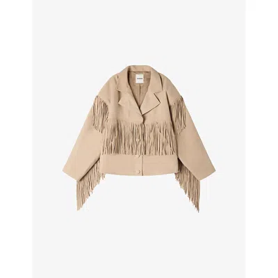 Sandro Womens Beige Oversized Fringed Suede Jacket In Neutral