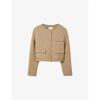 SANDRO WOMENS BEIGE PATCH-POCKET BUTTON-DOWN CROPPED WOOL-BLEND JACKET