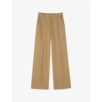 Sandro Womens Beige Wide-leg Side-adjusters Cotton Trousers In Brown
