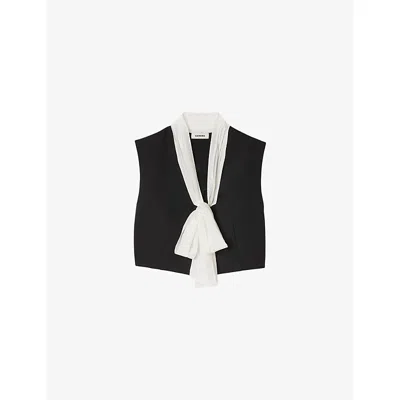 Sandro Womens Black Bow-neck Sleeveless Cropped Stretch-woven Top
