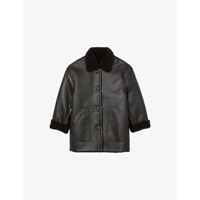 Sandro Womens Black Brown Patch-pocket Boxy-fit Shearling Coat