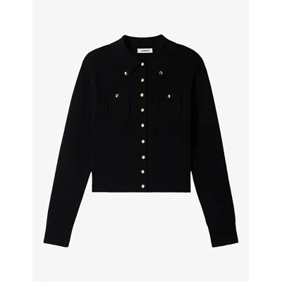 Sandro Womens Black Button-embellished Patch-pocket Wool-blend Cardigan