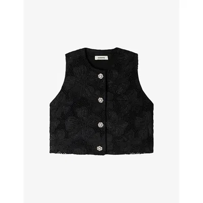 Sandro Womens Black Cropped Flower-embroidered Woven Top