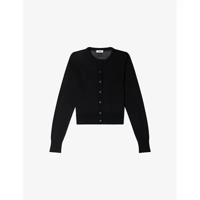 Sandro Womens Black Cropped Padded-collar Cotton-blend Cardigan